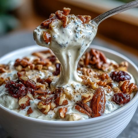 Creamy Greek yogurt with vanilla protein powder, topped with crunchy nuts and fresh fruit