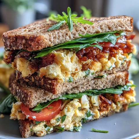High protein breakfast sandwich with fluffy scrambled eggs, lean turkey, and whole grain toast on a white plate.