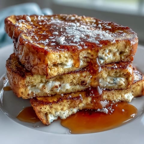 Golden-brown protein French toast topped with banana slices and sugar-free syrup for a healthy breakfast.  