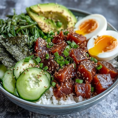 High protein tuna rice bowl with flaky tuna, soft-boiled eggs, and fresh avocado slices over steamed rice.  