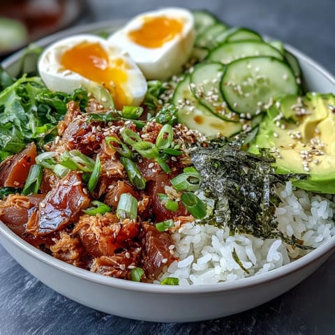 Flavorful tuna rice bowl topped with creamy avocado, crisp cucumber, and sesame-sprinkled soft eggs for a nourishing meal.  