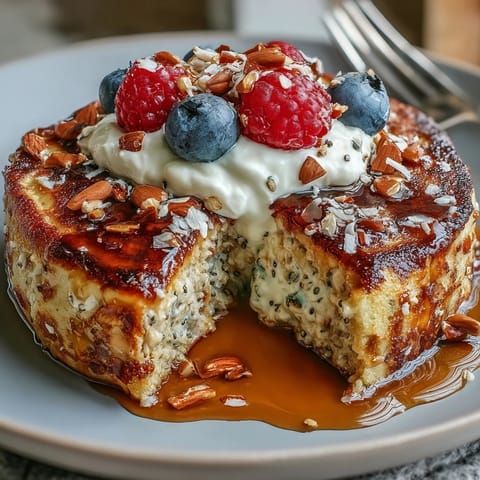 Golden, fluffy pancake pieces served in a bowl with creamy yogurt, vibrant berries, and a drizzle of maple syrup.