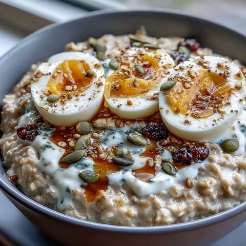High Protein Breakfast Prep: Eggs & Oats in creamy oatmeal bowls topped with sliced hard-boiled eggs and Greek yogurt.