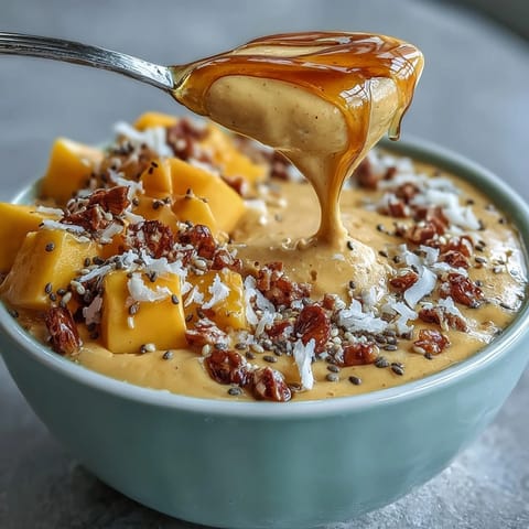 Protein smoothie bowl with mango, topped with fresh fruit and granola, served in a white bowl.