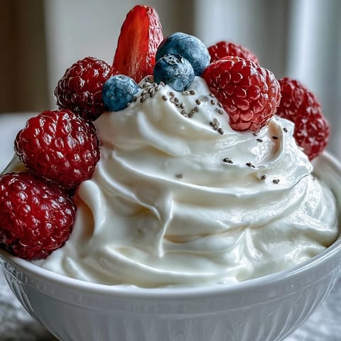 High-protein yogurt berry snack with creamy Greek yogurt and fresh mixed berries in a bowl.