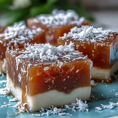 Silky mango jelly cubes infused with tropical flavor, layered with rich coconut milk for a delightful vegan treat.