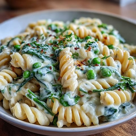 Creamy lemon ricotta pasta with peas and spinach, cooked in one pot for a quick vegetarian dinner.  
