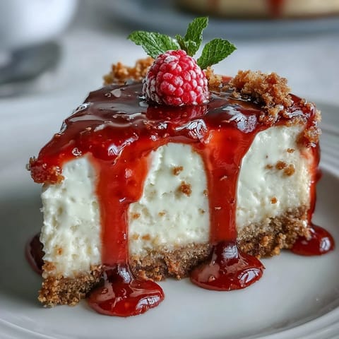A slice of creamy no-bake cheesecake with a buttery biscuit base, topped with vibrant raspberry coulis and fresh berries.
