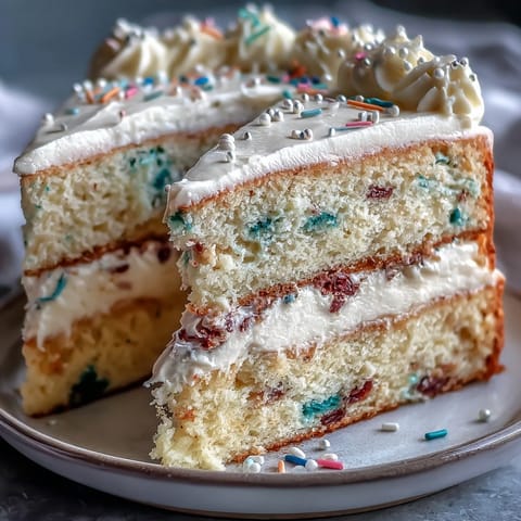 A vibrant confetti cake layered with rainbow sprinkles and topped with champagne buttercream frosting, perfect for graduation celebrations.  