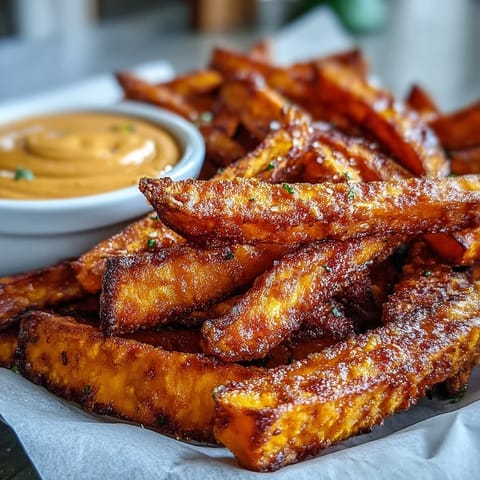Golden, oven-crisp sweet potato fries with smoky chipotle aioli, perfect side dish.