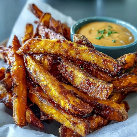 Crispy air fryer sweet potato fries with a zesty chipotle aioli dip.