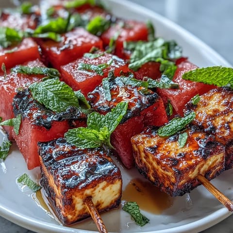 Bright Grilled Halloumi Watermelon Skewers featuring golden cheese and juicy fruit ready for summer.