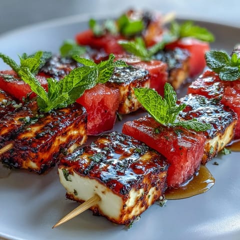 Grilled Halloumi Watermelon Skewers showcase sweet charred fruit and salty cheese with fresh mint.