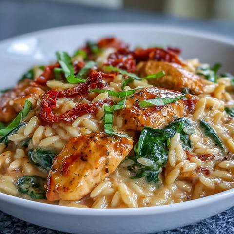 Tender chicken and orzo mingle in rich sun-dried tomato sauce, perfectly seasoned.