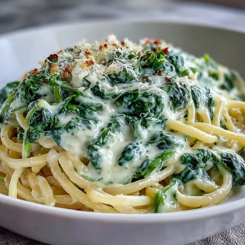 Creamy spinach pasta dish with wilted greens in a rich, velvety Parmesan sauce.
