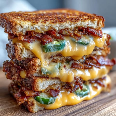 Golden jalapeño bacon grilled cheese oozing with melted cheddar and crispy bacon.