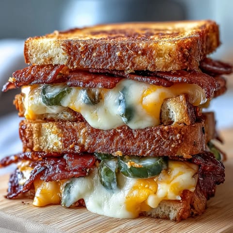 Spicy jalapeño bacon grilled cheese with perfectly browned sourdough bread, ready to eat.