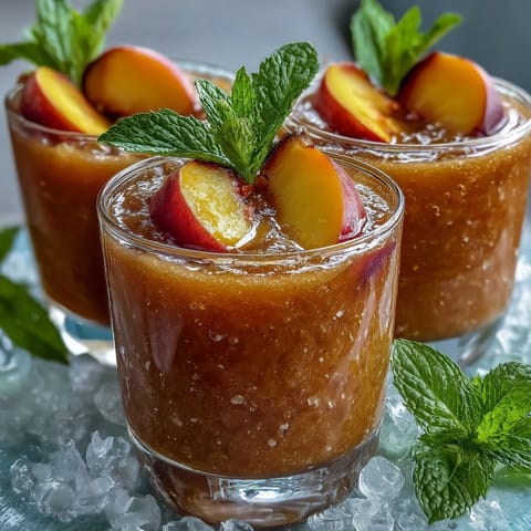 Refreshing Peach Iced Tea Slush Cups topped with fresh peach slices and mint.