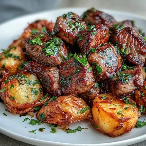 Golden garlic butter steak bites nestled with crispy roasted potatoes, ready to serve.
