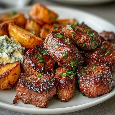 Juicy, seared steak bites tossed in rich garlic butter sauce with tender potatoes.