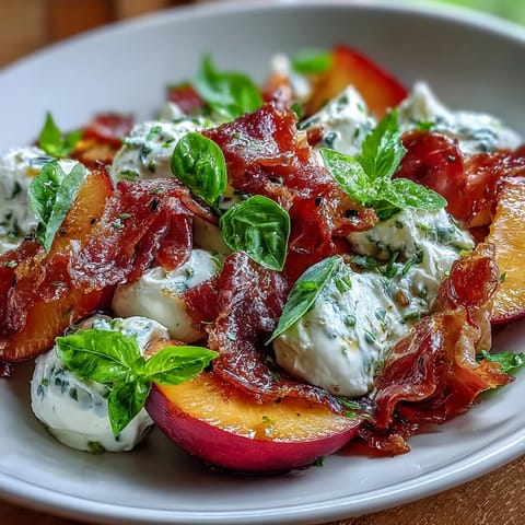 Creamy burrata, juicy peaches, and salty prosciutto elevate this colorful Peach Burrata Prosciutto Salad.