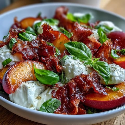 Savory prosciutto, sweet peaches, and fresh basil top this elegant Peach Burrata Prosciutto Salad.