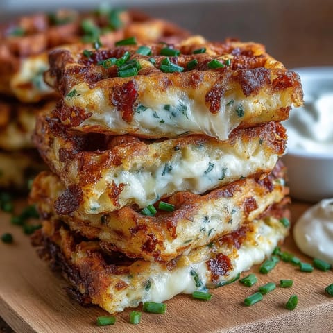 Crispy mashed potato waffle melts oozing with melted cheese, a savory brunch delight.