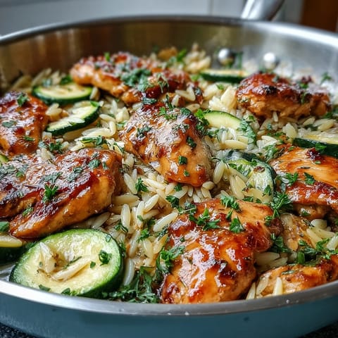 Tender lemon chicken and zucchini orzo, a one-pan wonder with bright citrus notes.
