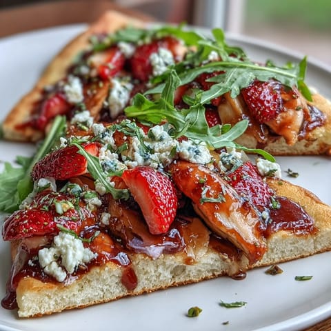 Luscious Strawberry Balsamic Chicken Flatbread with melted cheeses and fresh herbs.
