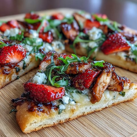 Summery Strawberry Balsamic Chicken Flatbread, a sweet and savory crispy baked delight.