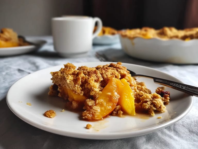 A white plate with a slice of peach pie on it.