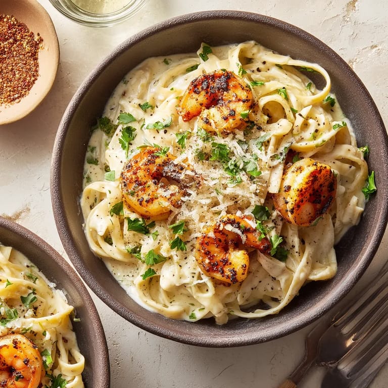 A bowl of creamy blackened shrimp alfredo.