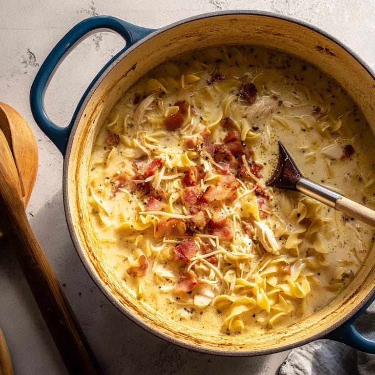 A bowl of creamy crack chicken noodle soup.