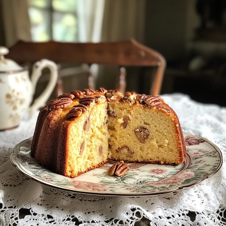 A slice of butter pecan pound cake on a plate.