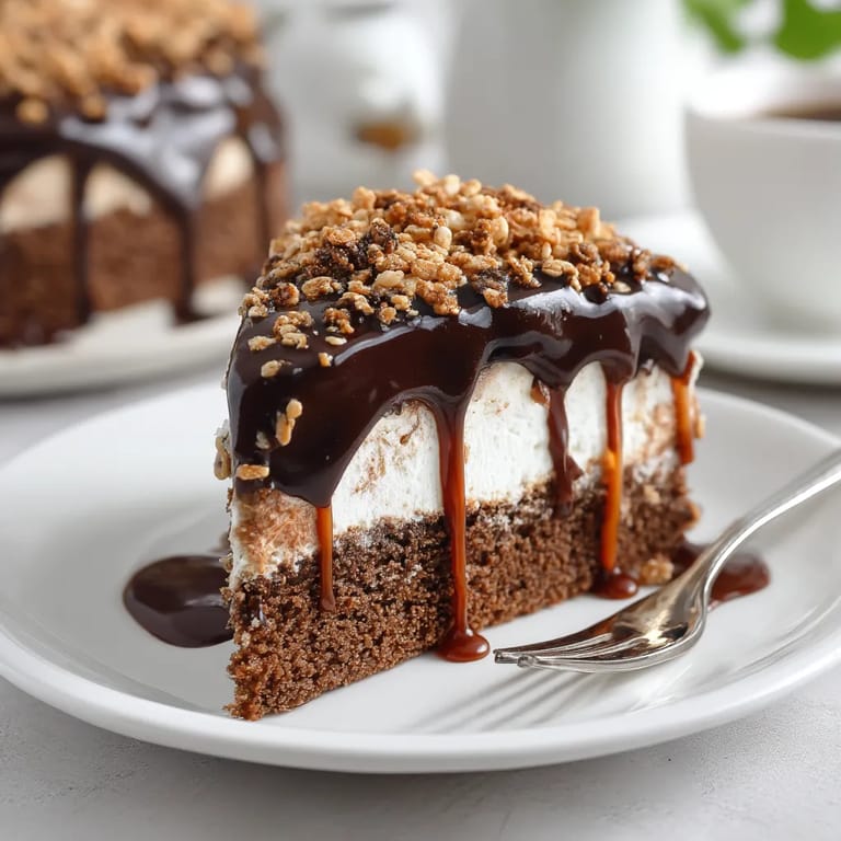 A slice of chocolate cake with nuts on top.