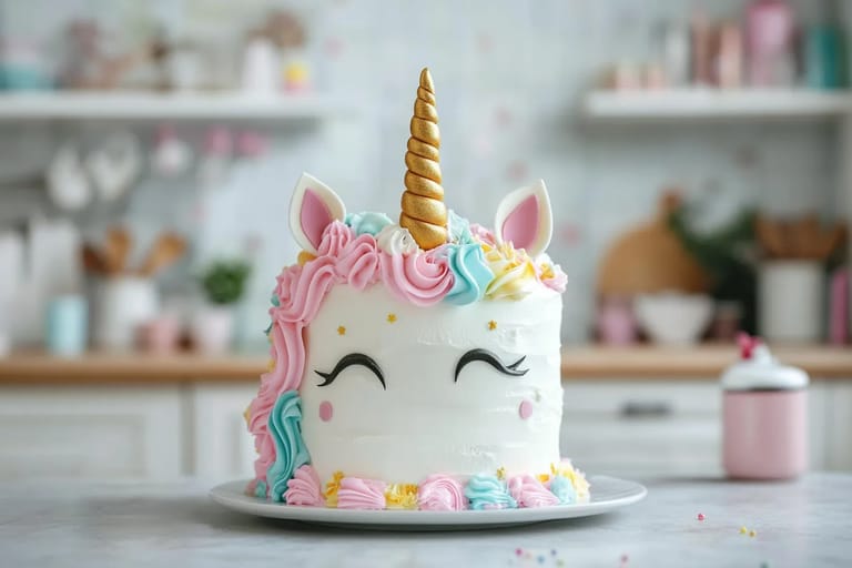A unicorn cake with pink and white frosting.