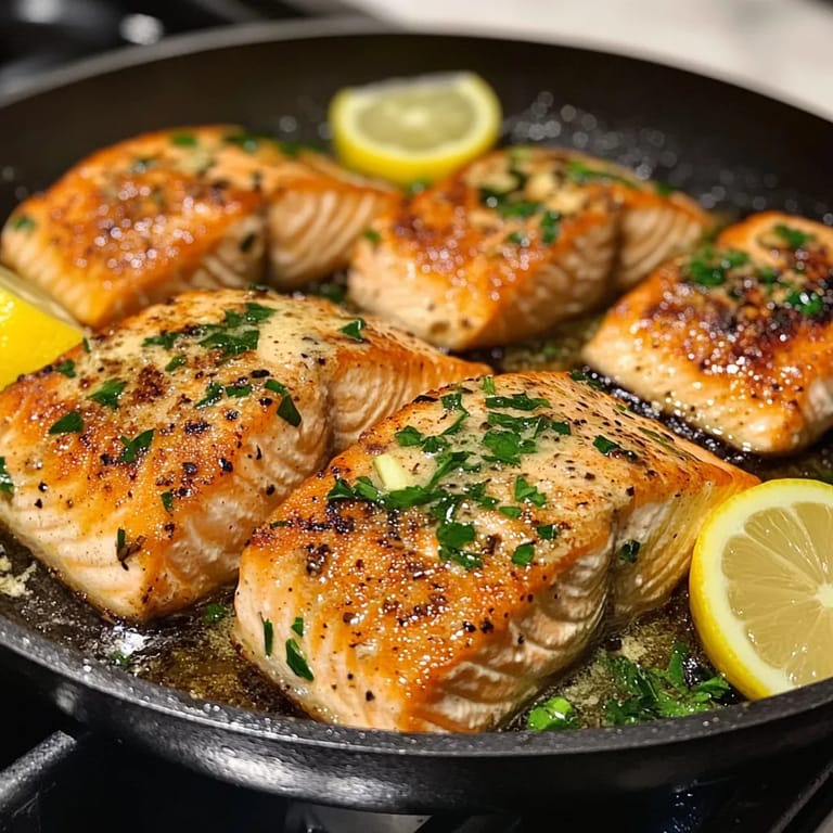 A pan of salmon with lemon and garlic butter.