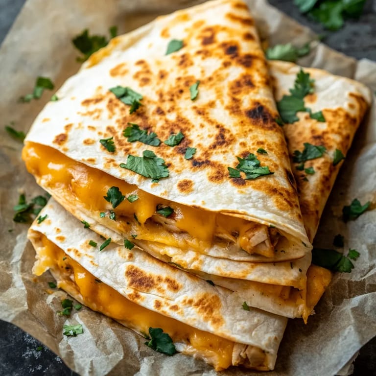 Two BBQ chicken quesadillas on a table.