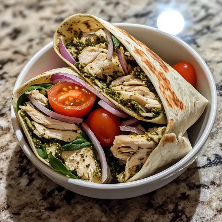 A bowl of pesto chicken wraps.