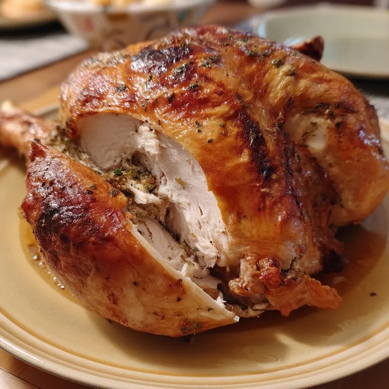 A roasted turkey with herb butter on a plate.