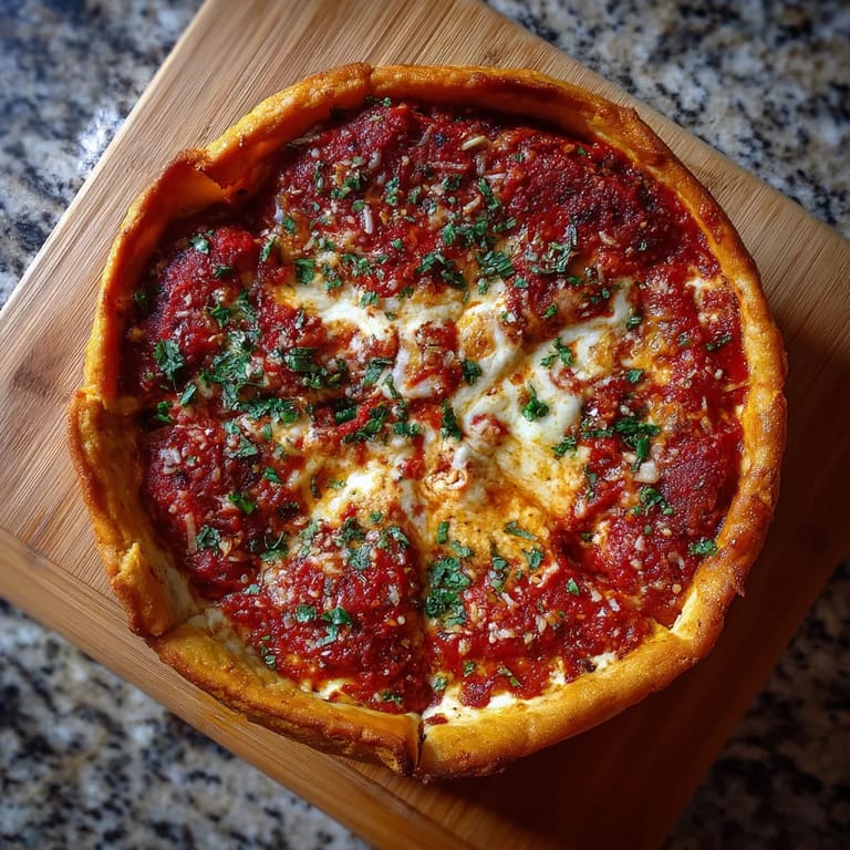 A deep dish pizza with cheese and tomato sauce.