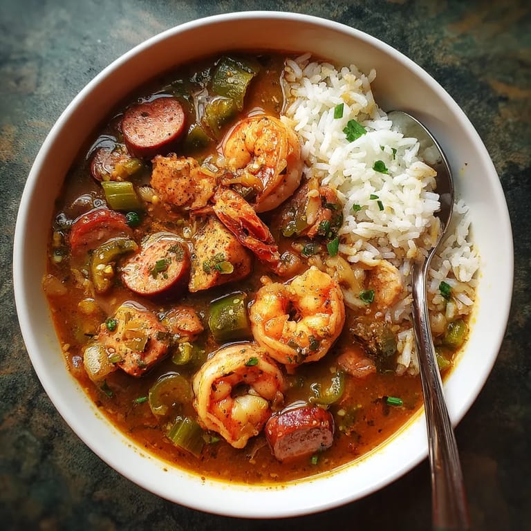 A bowl of gumbo with shrimp and sausage.