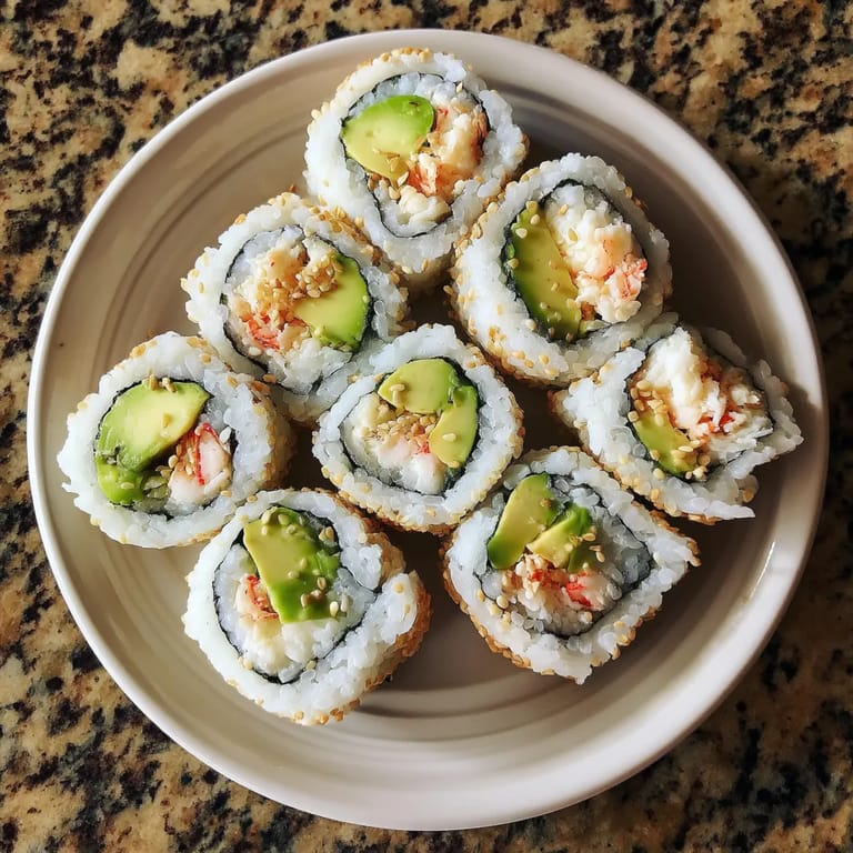 A plate of sushi rolls with avocado and crab meat.