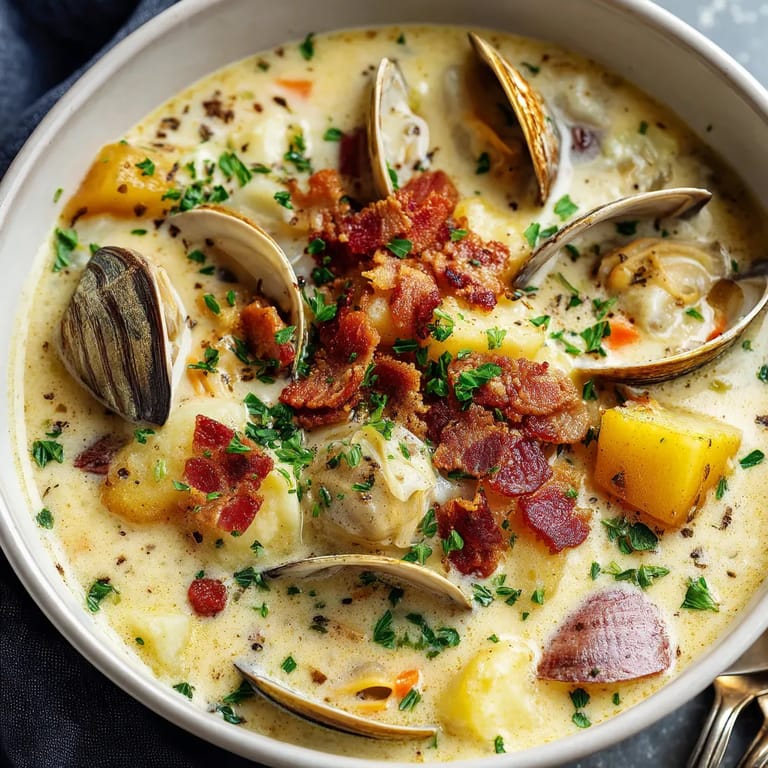 A bowl of clam chowder with bacon and vegetables.