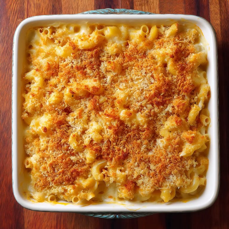 A baked mac and cheese dish.