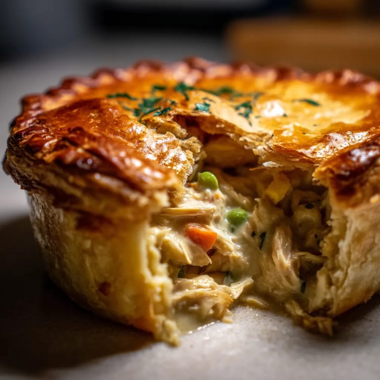 A slice of creamy chicken pot pie.