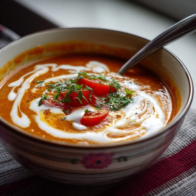 A bowl of homemade tomato soup with a spoon in it.