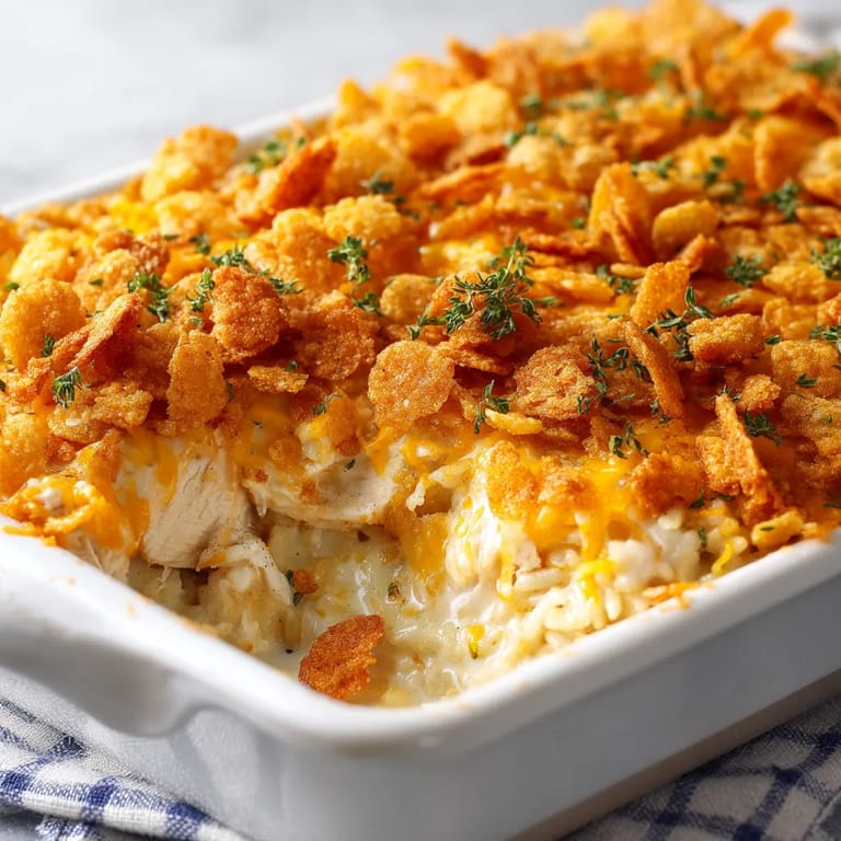 A dish of chicken and rice casserole.