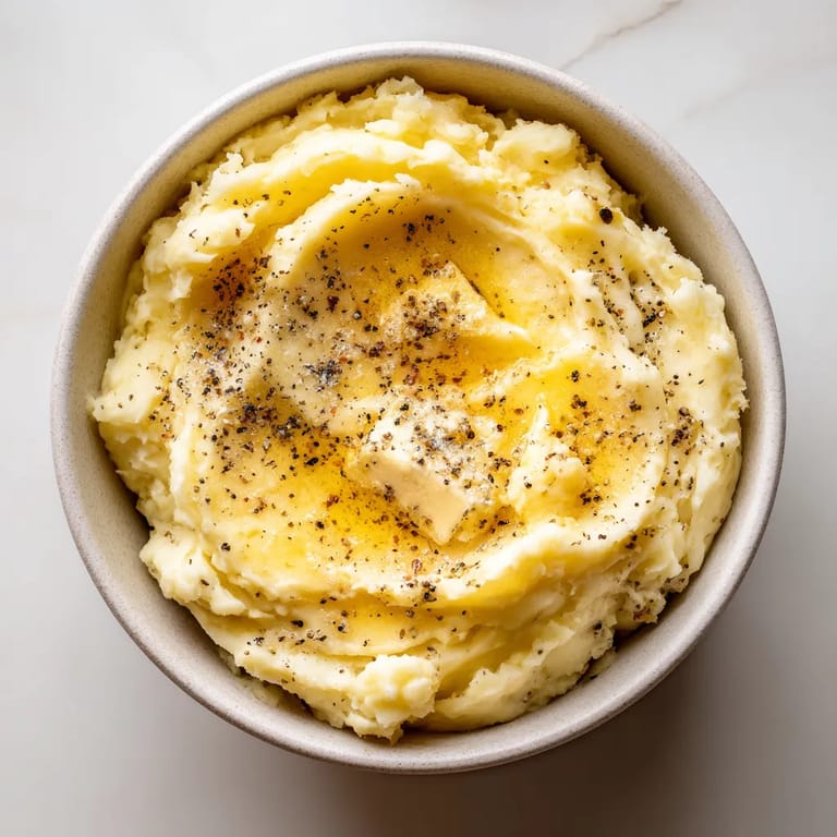 A bowl of mashed potatoes with garlic butter.