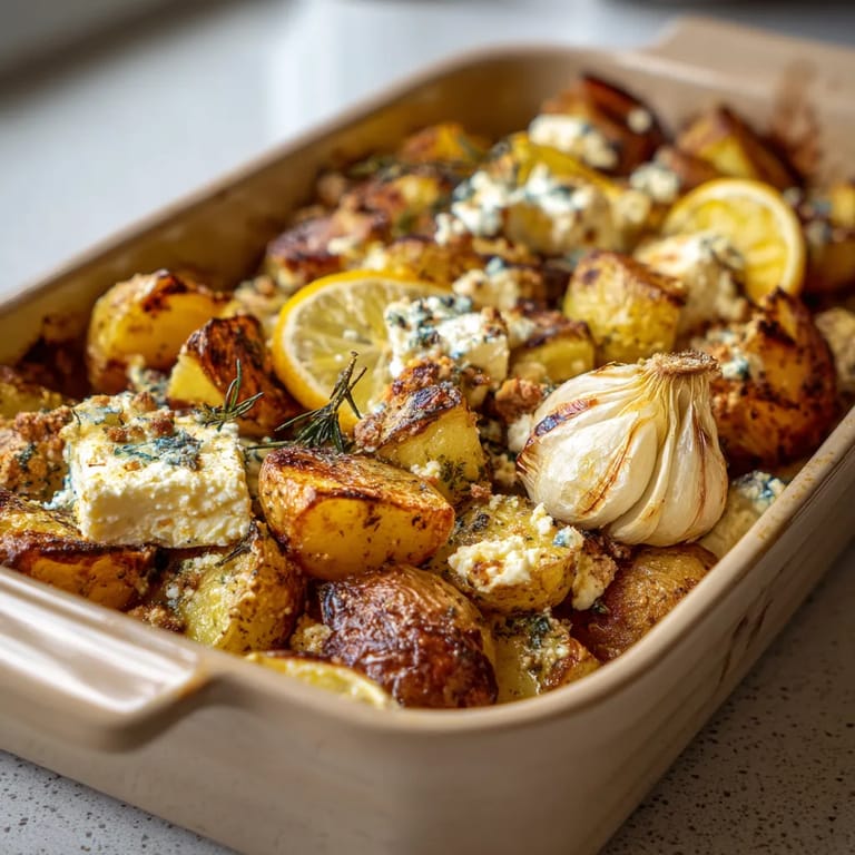 A dish of baked feta potatoes.
